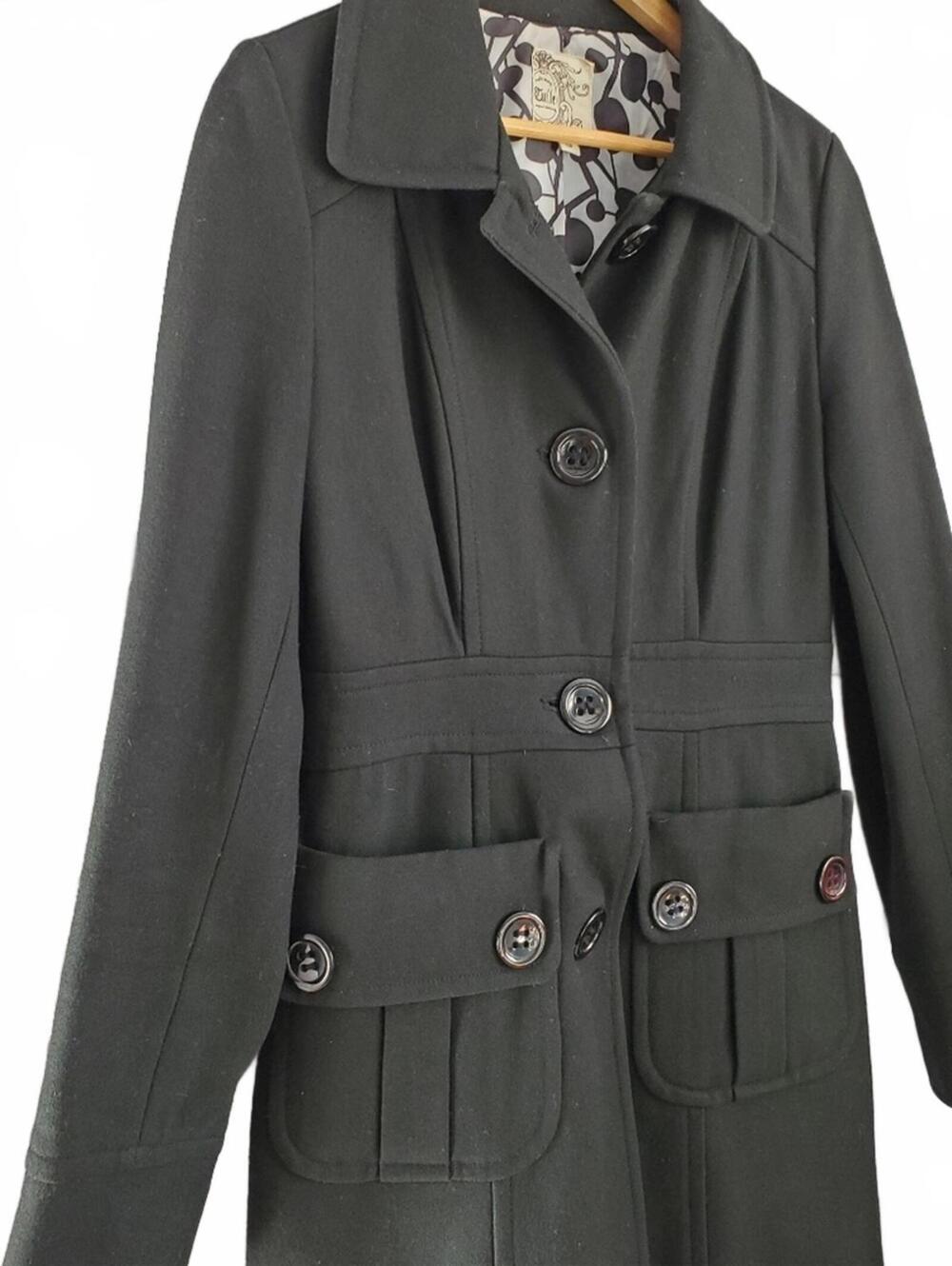 ANTHROPOLOGIE TULLE ORIGINAL CLOTHING Black ¾ Length Winer Coat with Front Pocke - Picture 2 of 7